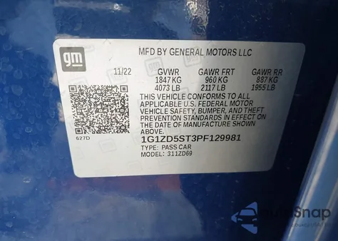 2023 Chevrolet Malibu Fwd 1Lt из США, поврежденный, VIN 1G1ZD5ST3PF129981